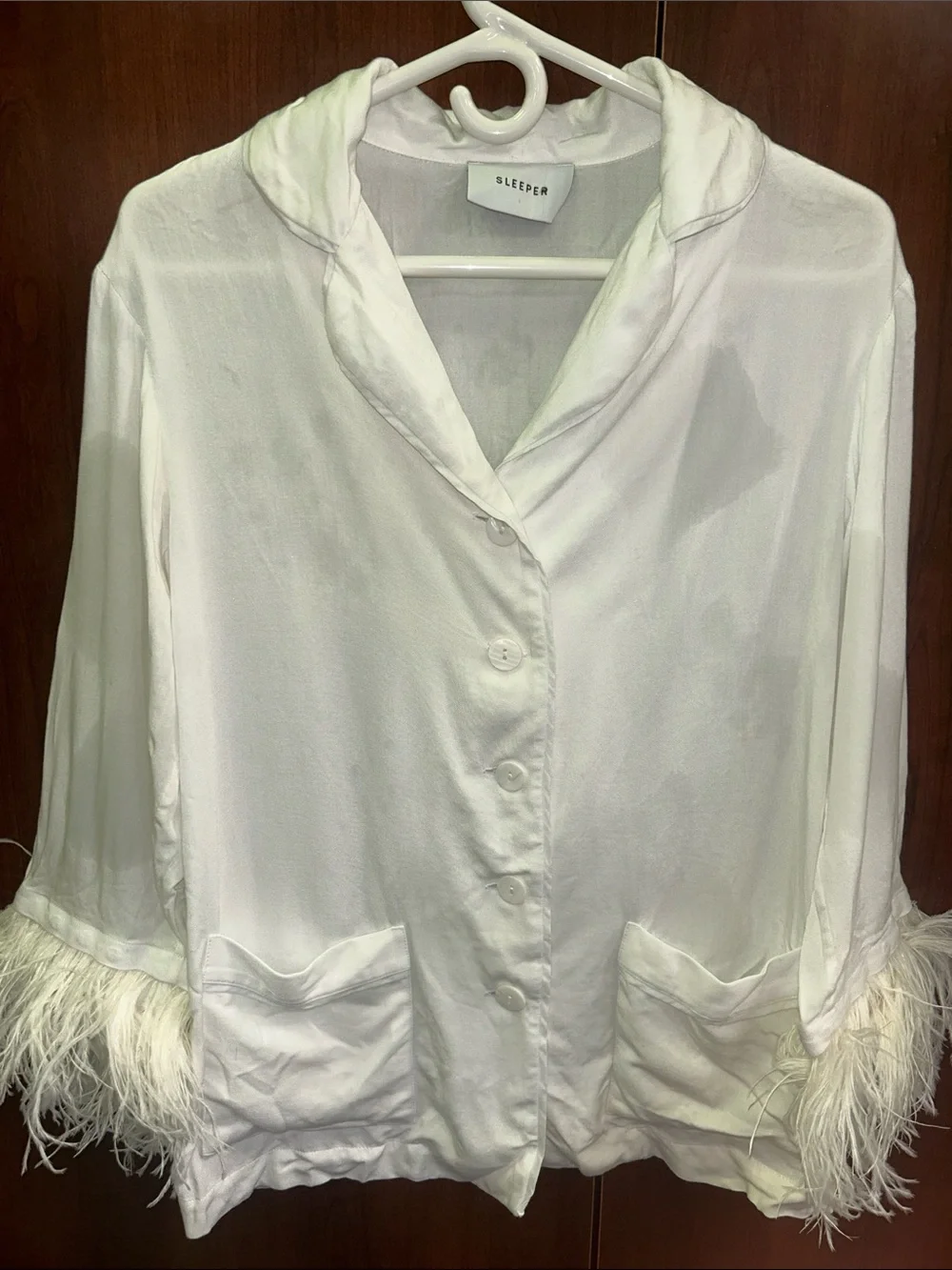 SLEEPER sz XS PRE-OWNED White Feather-Trim Button Pajama Set -FLAWED